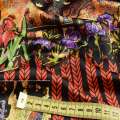 Шелк японский стрейч черный, красные стрелки, цветы, люди, раппорт 75см ш.150