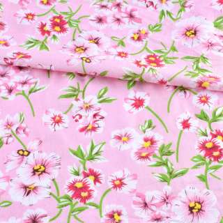 Батист розовый в бело-розовые цветы, зеленые ветки, ш.140