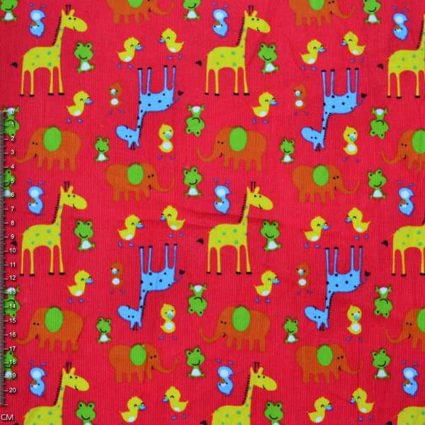 Микровельвет ярко-красный с желтыми жирафами и утятами ш.112