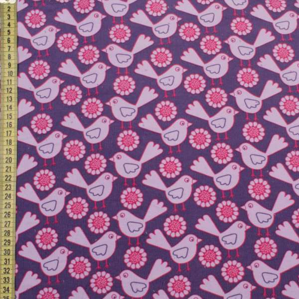Микровельвет фиолетовый в розово-сиреневые птички, цветы, ш.145