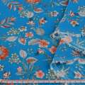 Вискоза жатая голубая, оранжевые цветы, ш.135