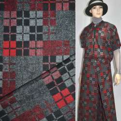Тканина костюмная сіра в чорно-червоні квадрати ш.150