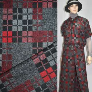 Ткань костюмная серая в черно-красные квадраты ш.150