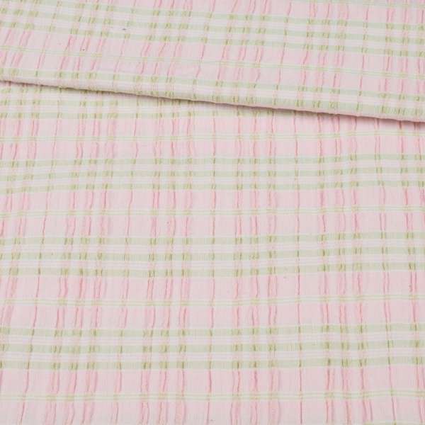 Рубашечная ткань стрейч в полоску салатовую, жатую, розовая, ш.145