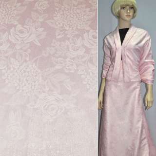 Жаккард костюмний рожевий з кольоровим люрексом в троянди і хризантеми, ш.150