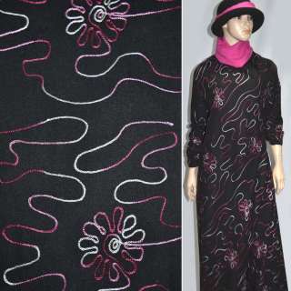 Шерсть костюмная черная с розовой вышивкой ш.150