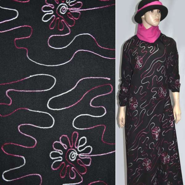 Шерсть костюмна чорна з рожевою вишивкою ш.150