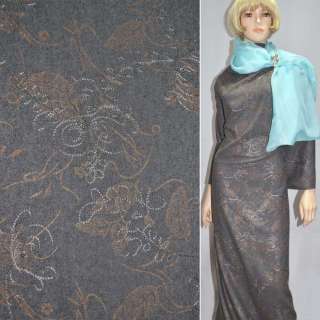Ткань костюмная темно-серая с вышивкой и светло-коричневым рисунком ш.150