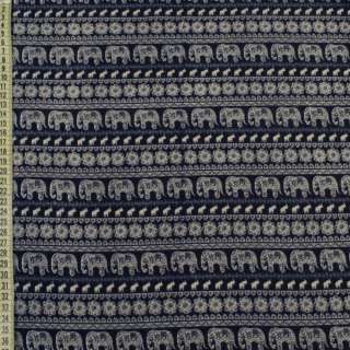 Коттон с ворсом синий в бежевый орнамент, слоны, ш.150