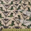 Коттон с ворсом молочный, зеленые птицы, черные ветки, ш.150