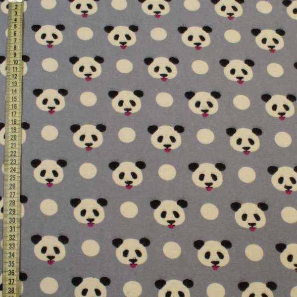 Коттон с ворсом серый, мишки панды, ш.145