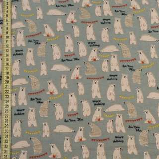 Коттон с ворсом бирюзово-серый, белые медведи, ш.150