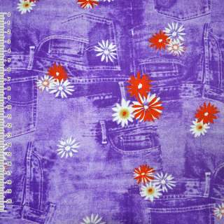 Коттон стрейч фиолетовый с ромашками и джинсовыми карманами, ш.150