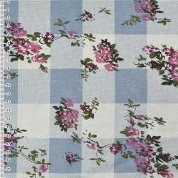 Льон білий в сіро-блакитні квадрати з квітами ш.140