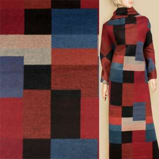 Пальтовая ткань с ворсом узор геометрический синий, красный, черный, оранжевый, ш.155