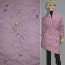 Ткань плащевая стеганая с вышивкой пайетками цветы листья розовая, ш.150