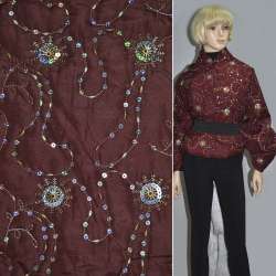 Ткань плащевая стеганая с вышивкой пайетками бордо ш.150