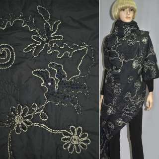 Ткань плащевая стеганая с вышитыми цветами бежевыми с пайетками черная, ш.150