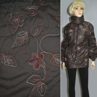 Ткань плащевая стеганая с вышитыми цветами коричневая темная ш.150