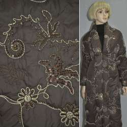 Ткань плащевая стеганая с вышитыми цветами бежевыми с пайетками коричневая, ш.150