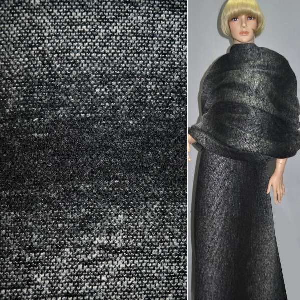 Рогожка букле пальтовая с шерстью в полосы омбре черно-белые, ш.150