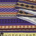 Трикотаж бежевый в фиолетовые, коричневые полоски с орнаментом, ш.160