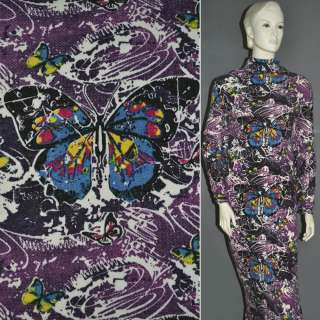 Трикотаж с шерстью фиолетовый темный с цветными бабочками ш.160