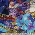 Креп-шифон синий в цветы и перья (купон) ш.150