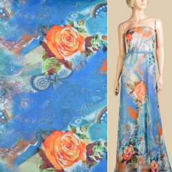 Шифон синий, оранжевые розы, абстрактный рисунок, 2ст. купон, ш.145