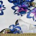 Атлас віскозний стрейч білий в великі синьо-бузкові квіти, ш.143