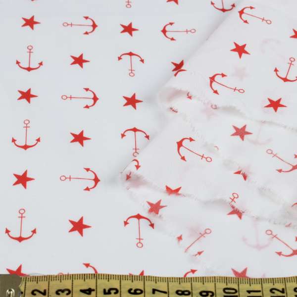Коттон стрейч білий, червоні зірочки, якоря, ш.150