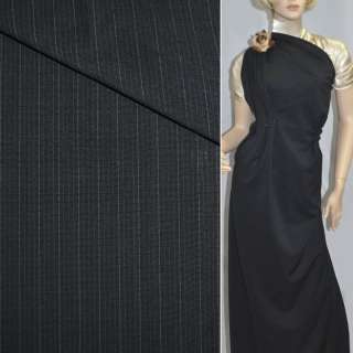 Шерсть костюмная в полоски узкие сине-белые черная, ш.150
