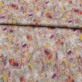 Коттон стрейч APANAGE бежевый, разноцветные акварельные цветы, ш.160