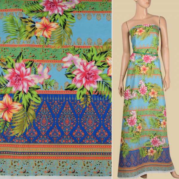 Лен голубой, цветные полоски с орнаментом, тропические цветы, 1-ст.купон, ш.140