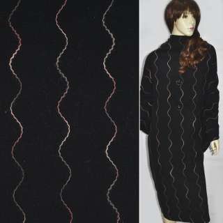 Кашемир пальтовый с вышивкой полоса волнистая разноцветная черный, ш.150