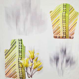 Трикотаж вискозный стрейч белый с абстрактным рисунком и желтыми цветами