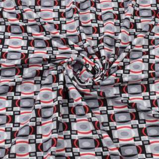 Трикотаж вискозный стрейч белый в черно-серые квадраты и красные овалы ш.150