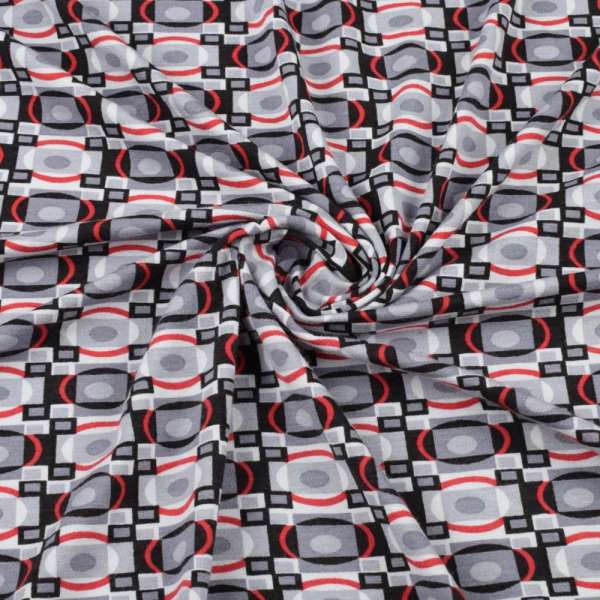 Трикотаж вискозный стрейч белый в черно-серые квадраты и красные овалы ш.150