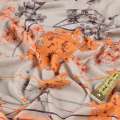 Трикотаж вискозный стрейч серый светлый с оранжевыми серыми веточками цветов и полоски, ш.140