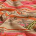 Трикотаж вискозный стрейч желто-серый с розово-оранжевыми цветами и полосками, раппорт, ш.140