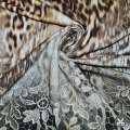 Трикотаж вискозный стрейч оливково-коричневый темно-синий принт леопард цветы раппорт ш.146