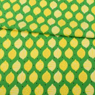 Трикотаж хлопок с эластаном зеленый, желтые лимоны, ш.145