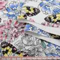 Деко коттон цветы розовые, голубые, бабочки желто-черные, белый, ш.150