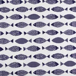 Деко лен рыбки синие темные, белый, ш.145