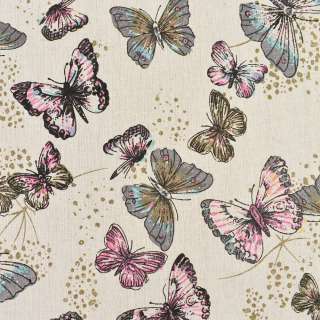 Деко лен бабочки розовые, серые, бежевый, ш.150