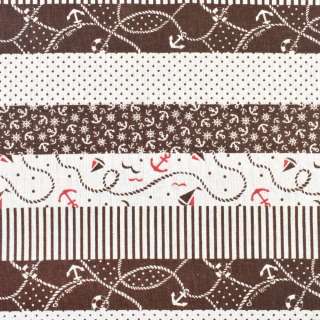 Деко лен полосы с якорями коричневые, молочный, ш.150