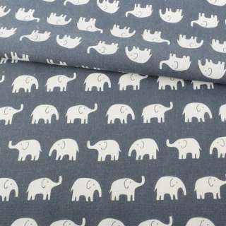 Деко лен слоны белые, серо-синий, ш.152