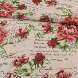 Деко льон квіти червоно-рожеві, написи бежевий, ш.155