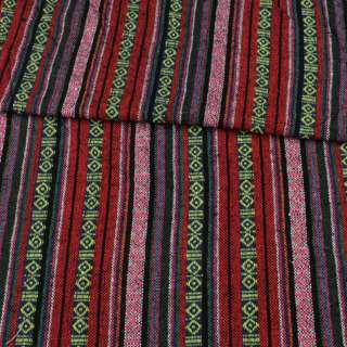 Ткань этно красные, розовые, синие полоски с орнаментом ш.150