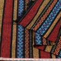 Ткань этно красные, желтые, фиолетовые полоски с орнаментом, ш.142